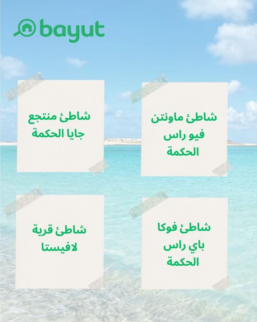 صورة توضيحية تضم قائمة بأفضل 4 شواطئ في رأس الحكمة الساحل الشمالي.