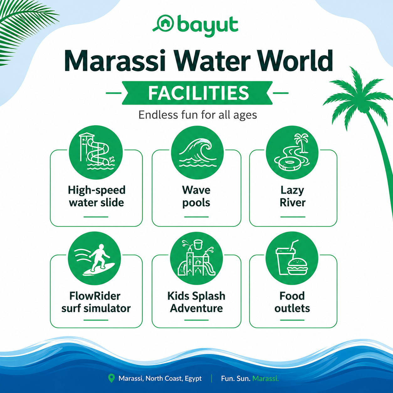An infographic about Marassi Water World Aqua Park showcases the top facilities and things to do