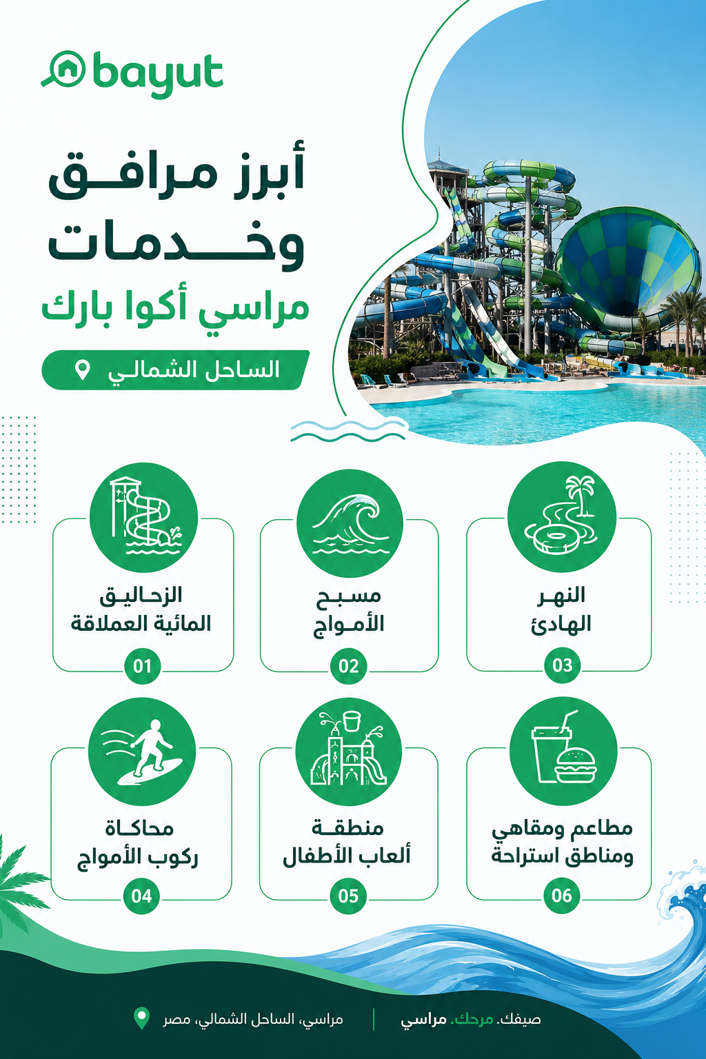صورة توضح أبرز مرافق وخدمات مراسي اكوا بارك الساحل الشمالي